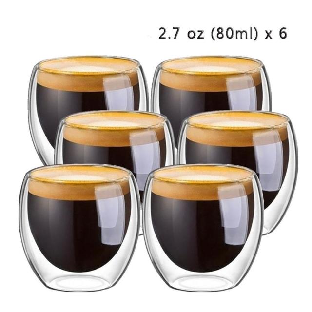 New 6Pcs 80ml 2.7oz Glass Double Walled Cup Heat Insulated Tumbler Espresso Tea Cup Coffee Mug Tazas De Ceramica Creativas - CARYMEN