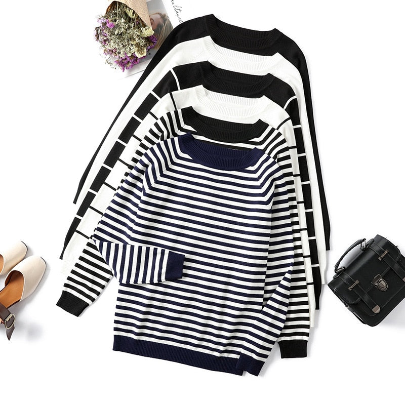 2022 Autumn Winter Long Sleeve Striped Pullover Women Sweater Knitted Sweaters O-Neck Tops Korean Pull Femme Jumper Female White - CARYMEN