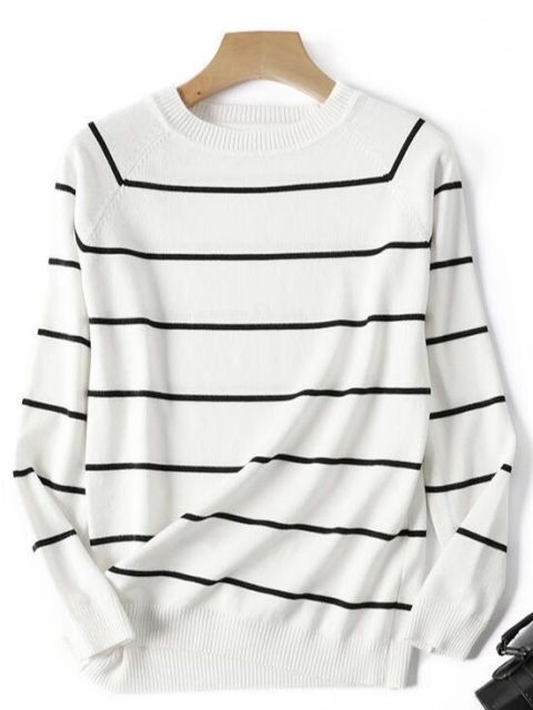 2022 Autumn Winter Long Sleeve Striped Pullover Women Sweater Knitted Sweaters O-Neck Tops Korean Pull Femme Jumper Female White - CARYMEN