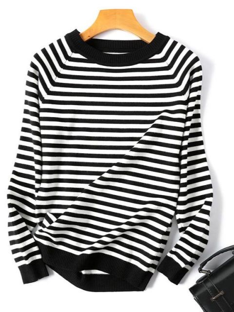 2022 Autumn Winter Long Sleeve Striped Pullover Women Sweater Knitted Sweaters O-Neck Tops Korean Pull Femme Jumper Female White - CARYMEN