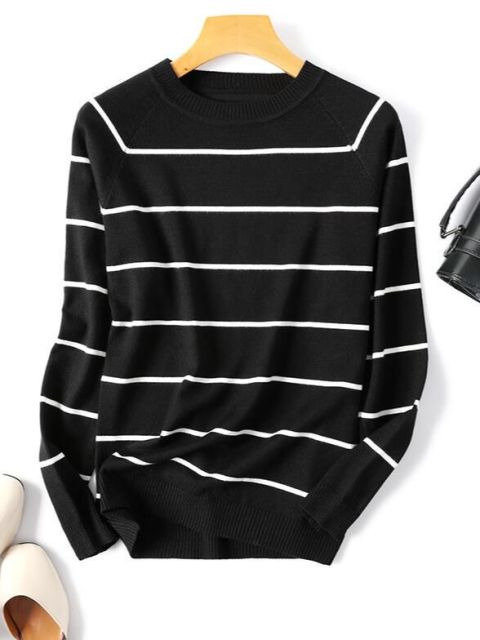 2022 Autumn Winter Long Sleeve Striped Pullover Women Sweater Knitted Sweaters O-Neck Tops Korean Pull Femme Jumper Female White - CARYMEN