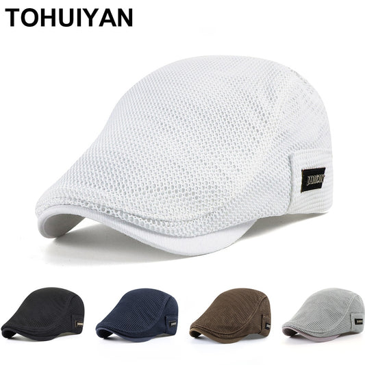 2022 New Summer Mens Hats Breathable Mesh Newsboy Caps Outdoor Gorro Hombre Boina Golf Hat Fashion Solid Flat Cap For Women - CARYMEN