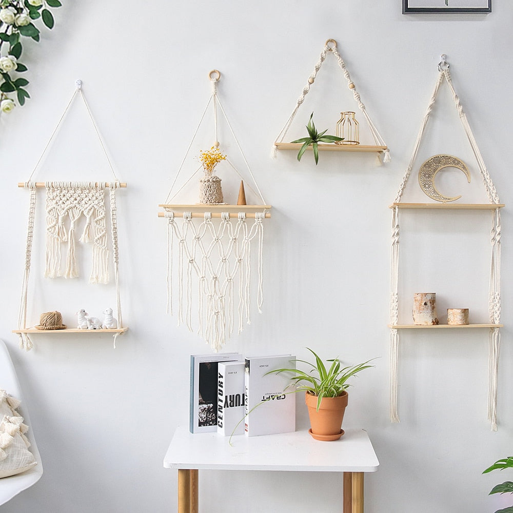 Macrame Wall Shelf Boho Home Decor Shelves On Wall Candle Holder Floating Shelf for Bedroom Wood Decoration Kids Shelving - CARYMEN