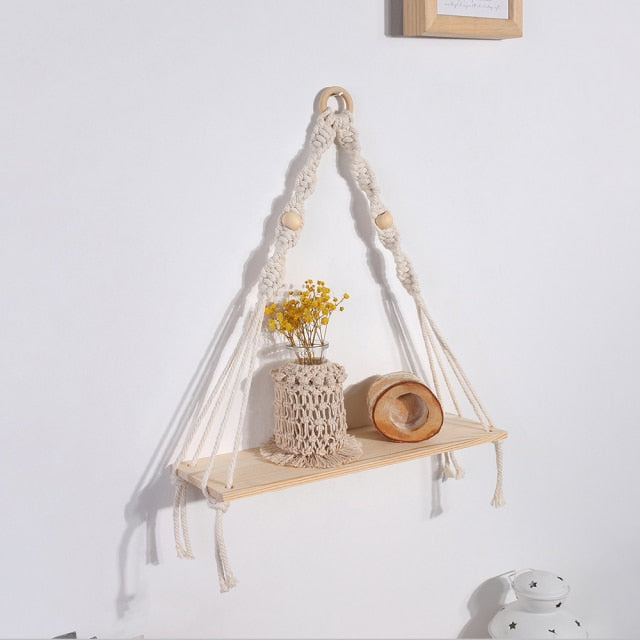 Macrame Wall Shelf Boho Home Decor Shelves On Wall Candle Holder Floating Shelf for Bedroom Wood Decoration Kids Shelving - CARYMEN