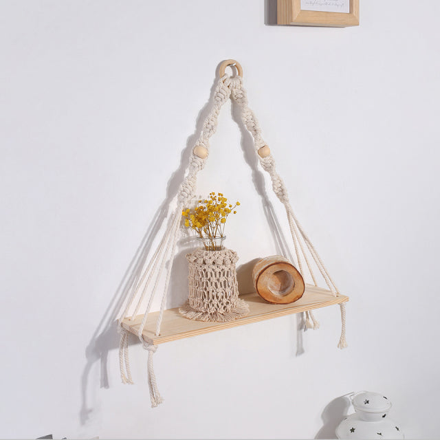 Macrame Wall Shelf Boho Home Decor Shelves On Wall Candle Holder Floating Shelf for Bedroom Wood - CARYMEN