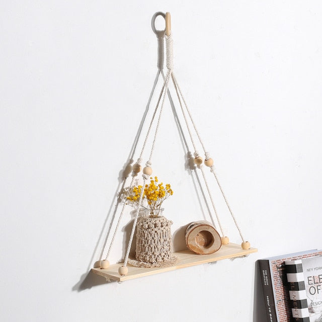 Macrame Wall Shelf Boho Home Decor Shelves On Wall Candle Holder Floating Shelf for Bedroom Wood Decoration Kids Shelving - CARYMEN