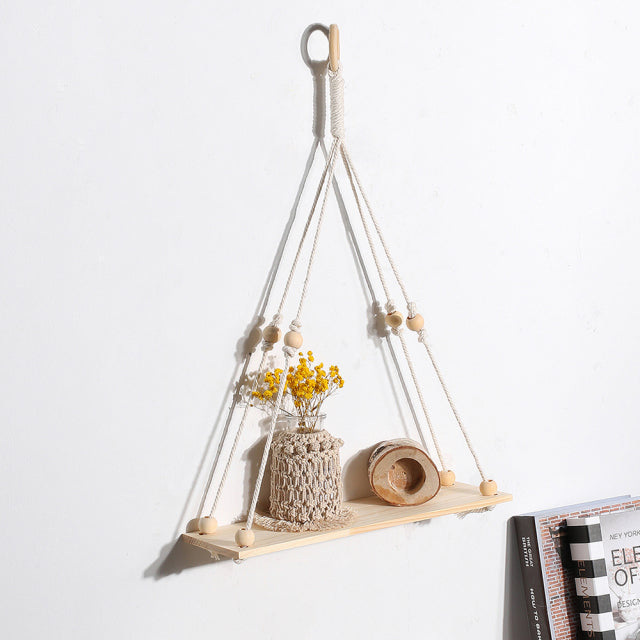 Macrame Wall Shelf Boho Home Decor Shelves On Wall Candle Holder Floating Shelf for Bedroom Wood - CARYMEN