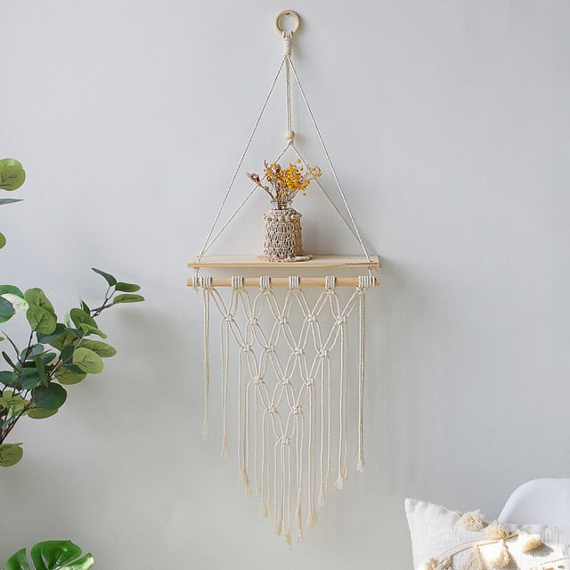 Macrame Wall Shelf Boho Home Decor Shelves On Wall Candle Holder Floating Shelf for Bedroom Wood Decoration Kids Shelving - CARYMEN