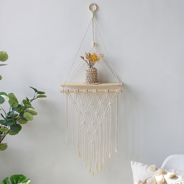 Macrame Wall Shelf Boho Home Decor Shelves On Wall Candle Holder Floating Shelf for Bedroom Wood - CARYMEN