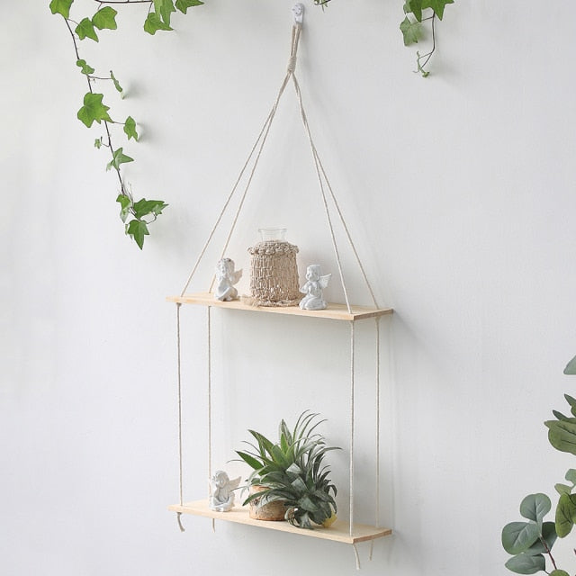 Macrame Wall Shelf Boho Home Decor Shelves On Wall Candle Holder Floating Shelf for Bedroom Wood Decoration Kids Shelving - CARYMEN