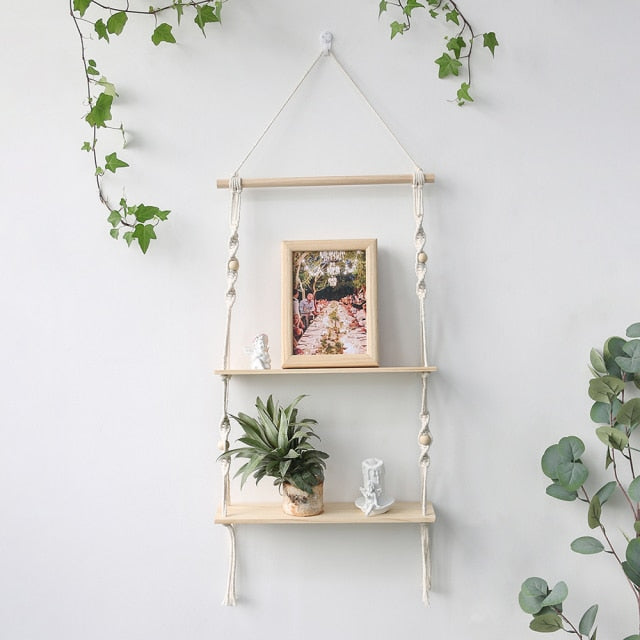 Macrame Wall Shelf Boho Home Decor Shelves On Wall Candle Holder Floating Shelf for Bedroom Wood Decoration Kids Shelving - CARYMEN