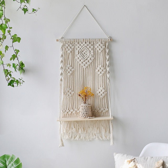 Macrame Wall Shelf Boho Home Decor Shelves On Wall Candle Holder Floating Shelf for Bedroom Wood Decoration Kids Shelving - CARYMEN