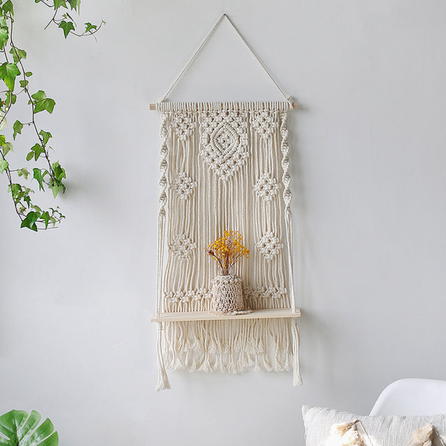 Macrame Wall Shelf Boho Home Decor Shelves On Wall Candle Holder Floating Shelf for Bedroom Wood - CARYMEN