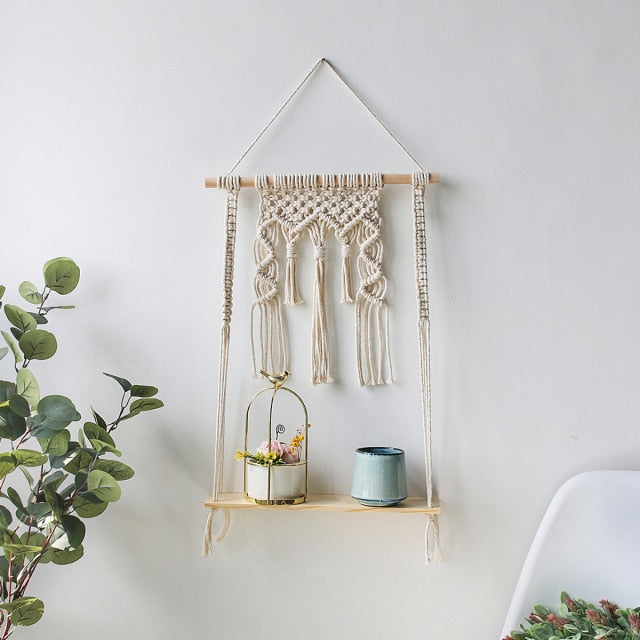 Macrame Wall Shelf Boho Home Decor Shelves On Wall Candle Holder Floating Shelf for Bedroom Wood Decoration Kids Shelving - CARYMEN