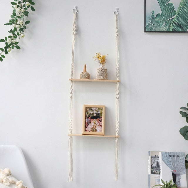 Macrame Wall Shelf Boho Home Decor Shelves On Wall Candle Holder Floating Shelf for Bedroom Wood Decoration Kids Shelving - CARYMEN