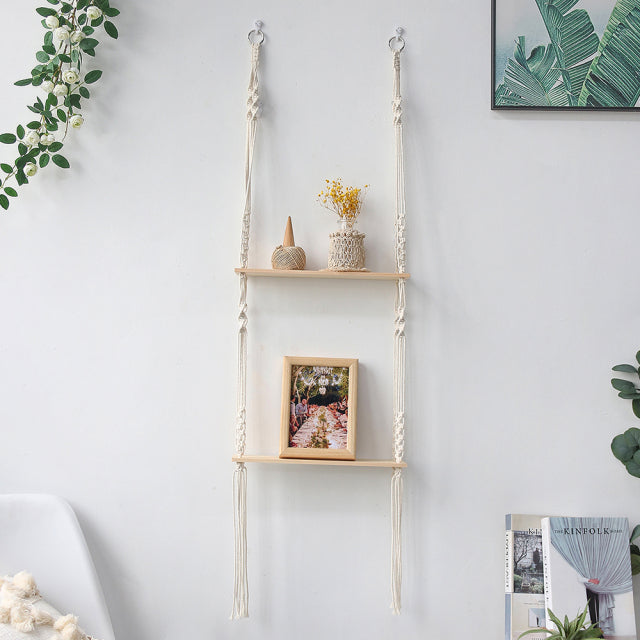 Macrame Wall Shelf Boho Home Decor Shelves On Wall Candle Holder Floating Shelf for Bedroom Wood - CARYMEN