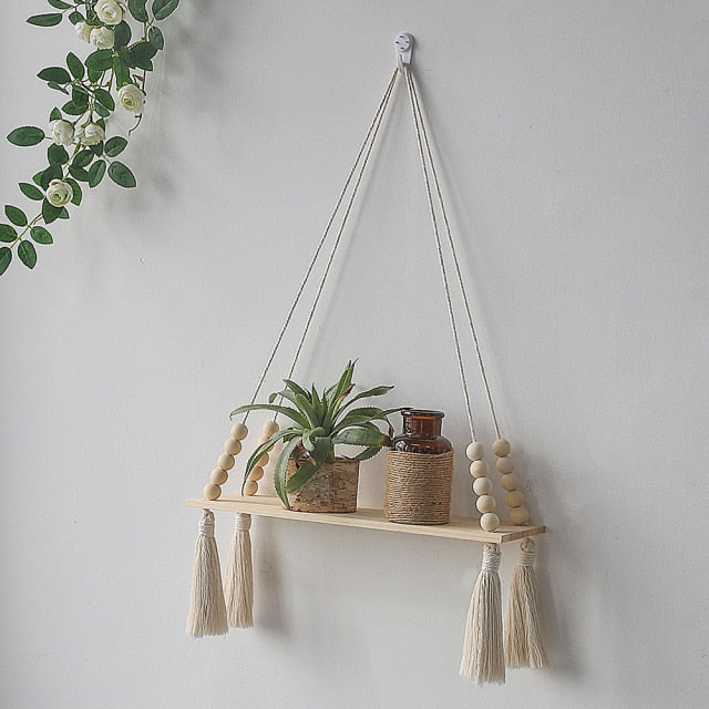 Macrame Wall Shelf Boho Home Decor Shelves On Wall Candle Holder Floating Shelf for Bedroom Wood Decoration Kids Shelving - CARYMEN