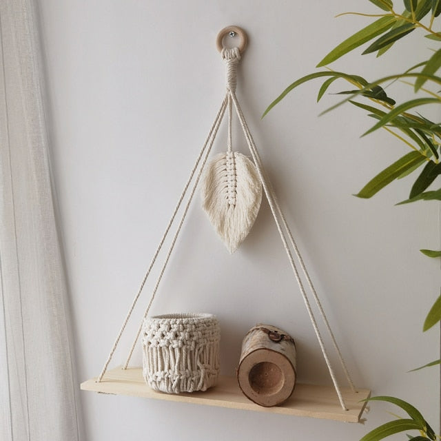 Macrame Wall Shelf Boho Home Decor Shelves On Wall Candle Holder Floating Shelf for Bedroom Wood Decoration Kids Shelving - CARYMEN