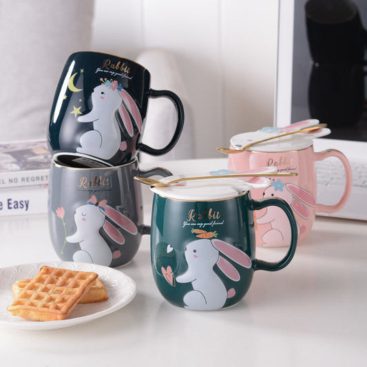 Creative Rabbit Cup Ceramic Mug with Lid Spoon Cartoon Water Cup Cute Girl Ins Breakfast Cup Kawaii Coffee Mug Cool Tazas 420ml - CARYMEN