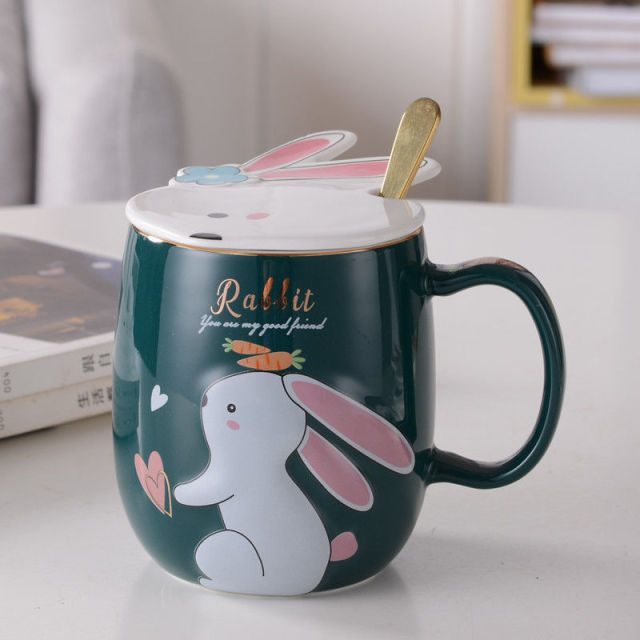 Creative Rabbit Cup Ceramic Mug with Lid Spoon Cartoon Water Cup Cute Girl Ins Breakfast Cup Kawaii Coffee Mug Cool Tazas 420ml - CARYMEN