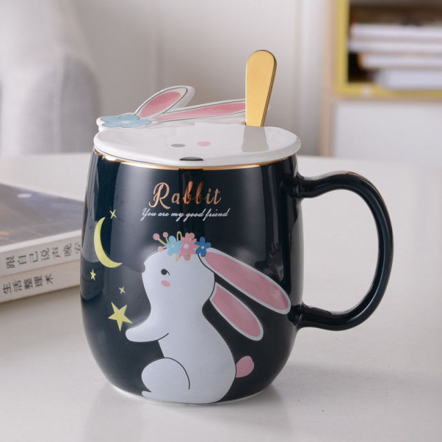 Creative Rabbit Cup Ceramic Mug with Lid Spoon Cartoon Water Cup Cute Girl Ins Breakfast Cup Kawaii Coffee Mug Cool Tazas 420ml - CARYMEN