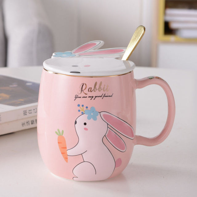 Creative Rabbit Cup Ceramic Mug with Lid Spoon Cartoon Water Cup Cute Girl Ins Breakfast Cup Kawaii Coffee Mug Cool Tazas 420ml - CARYMEN