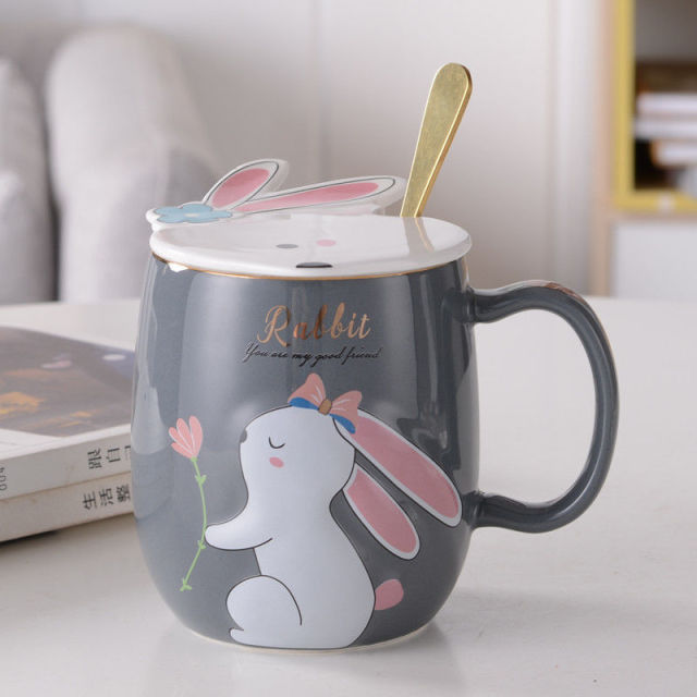 Creative Rabbit Cup Ceramic Mug with Lid Spoon Cartoon Water Cup Cute Girl Ins Breakfast Cup Kawaii Coffee Mug Cool Tazas 420ml - CARYMEN